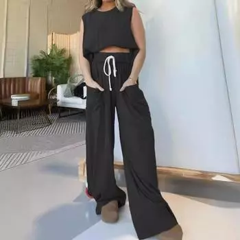 Летний комплект из 2 предметов Omen, топ без рукавов с круглым вырезом, широкие брюки, комплект, комбинезон, летний повседневный костюм L чёрный