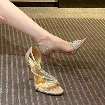 OMG!! Beautiful! Premium sexy high heels French rhinestone sandals stiletto 35 шампанского