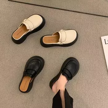 One foot on the lazy loafers, the new 2024 muffin thick-soled bag head half slippers, women wear cool slippers outside in summer 35 чёрный