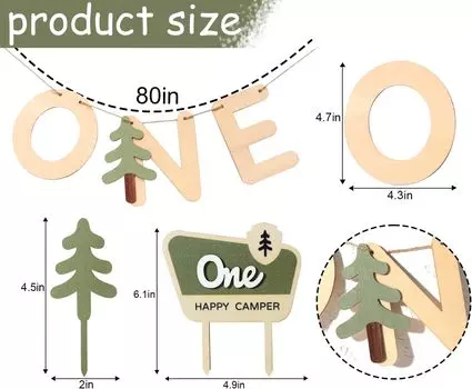 One Happy Camper Wood Banner/Cupcake Toppers Set - Camping Cake Toppers, Woodland Birthday Decoration