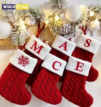 One Letters Christmas Stocking New Knitting Christmas Tree Pendant Decorations For Home Xmas Gift Snowflake Alphabet Christmas Socks Christmas tree