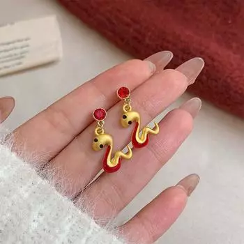 One Pair Silver Pin Red Festive Alloy Congratulations Earrings New Year Snake 2025 Temperament Female