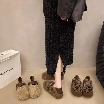 One-pedal Doudou shoes 2024 autumn and winter new Korean version fashion Mao Mao shoes wear flat single shoes women s velvet cotton shoes 35 цветной печати леопарда