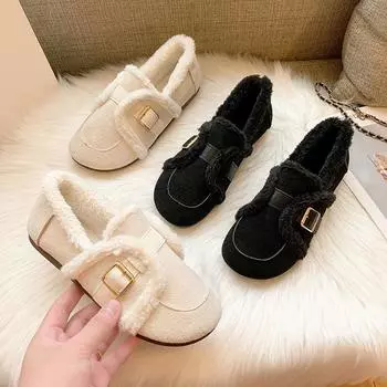 One pedal Doudou shoes women s autumn and winter new Mao Mao shoes super soft non-slip outer wear warm versatile flat-bottomed snow cotton shoes 35