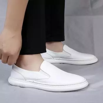 One-pedal men s shoes spring little white shoes leather versatile breathable men s Doudou shoes casual soft leather white lazy shoes 38