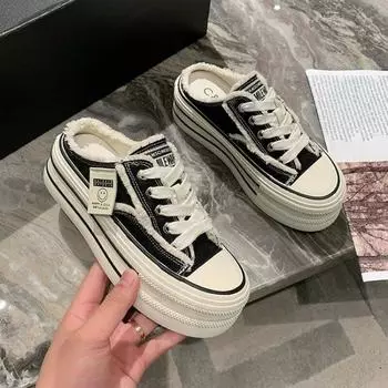 One pedal new casual outer wear canvas single shoes women s lace-up platform fashion half slippers 35