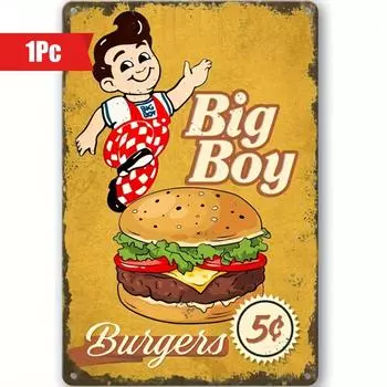 One piece Big Boy Burger Wall Sign, Metal Wall Art, Aesthetic Wall Decor, Vintage Hanging Ornaments, Bar Kitchen Coffee Sign чёрный
