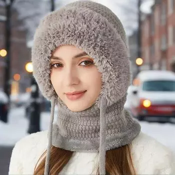 One-piece hat plus velvet thickened face-covering knitted hat, bib, mask, warmth kit M