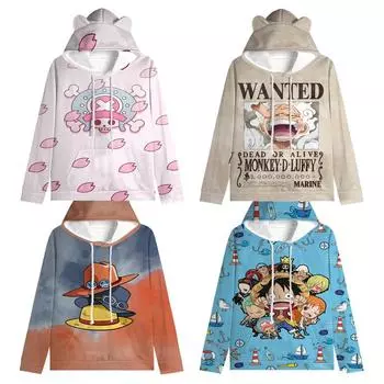 One Piece Luffy Cat Ear Hoodie Ace Sanji Roronoa Zoro Kids Аниме Мультфильм Длинный рукав Hodded Повседневный свитер Осень 100 белый