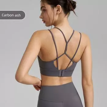 One-Piece Sports Intimates Women s Double Shoulder Strap Yoga Vest Thin Strap Fixed Cup Bubble Wrap Running Workout Bra Beauty Back Carbon ash M