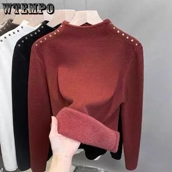 One Piece Velvet High Neck Sweater with Thick Velvet Base for Women Winter Rivet Knitted Sweater with Inner Top S