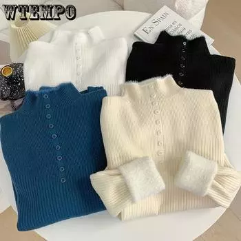 One Piece Velvet Sweater Semi High Neck Sweater Long Sleeved Knitted Sweater Women s Autumn and Winter Korean with Thick Velvet Base Top S чёрный
