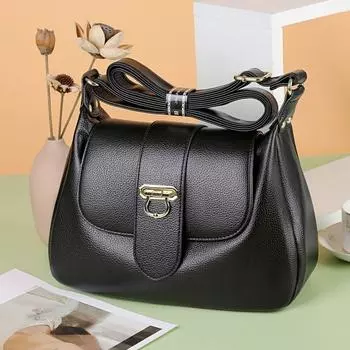 One Shoulder Soft Leather Fashion Large Capacity Ladies Bag Black