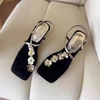 One-strap Shoes Square-toed Shoes Stylish and Elegant Sandals Women s Shoes and Simple Outerwear Shoes 35 золотой
