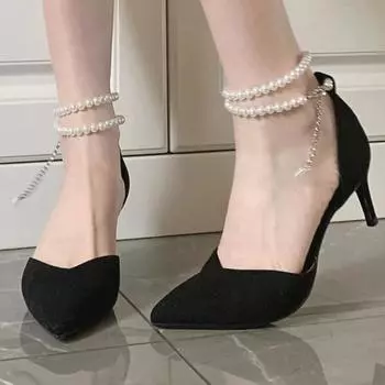 One-word buckle belt black 2025 new fine heel super fairy temperament single shoes pointed high heels women s design pearl 34