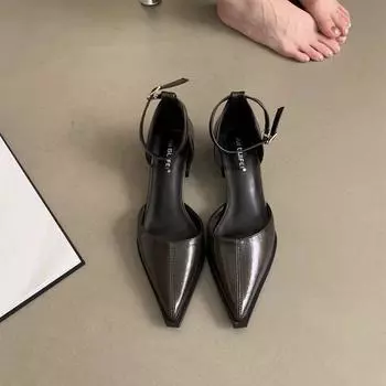 One-word buckle strap high heels 2025 spring and summer new French girl with skirt pointed temperament hollow thick heel single shoes 34 чёрный