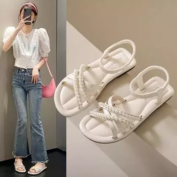 One-word cross-strap sandals summer Roman sandals elastic band design versatile flat shoes small fragrant beach shoes 35 коричневый