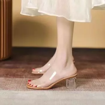 One-word high-heeled women s sandals spring 2025 new sexy outer wear thick heel transparent middle heel crystal cool slippers 35