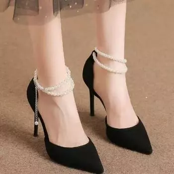 One-word pearl chain 2025 new fine heel black suede temperament banquet single shoes women s pointed high heels 34