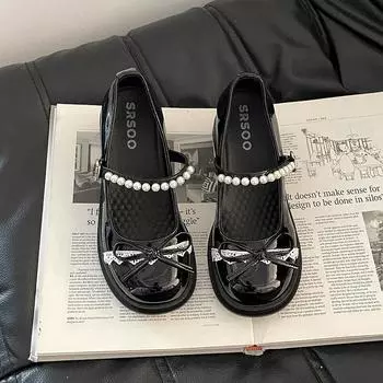 One-word platform single shoes bow Mary Jane shoes women s summer new pearl fashion versatile casual retro 35
