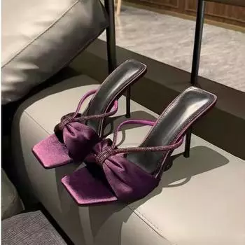 One-word sandals 2025 summer new women s bow open-toe wear high-heeled cool slippers purple satin rhinestones 35