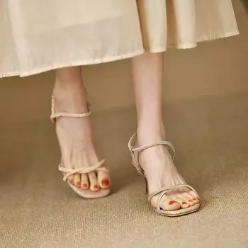 One-word strap high heels, new temperament skirt in summer 2025, fairy, thin heel, open-toed rhinestones, and sandals for women 35