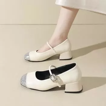 One word with sequins, light mouth single shoes, women s autumn new splicing is not tired of feet, temperament square head thick heel, evening shoes 34