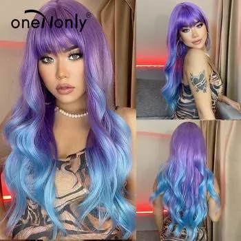 oneNonly Фиолетовый Синий Парик с Челкой Длинные Волнистые Косплей Лолита Женские Парики Хэллоуин Вечеринка Высокотемпературные Волосы DE126-4