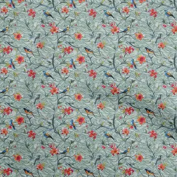 OneOone Хлопковая гибкая темно-бирюзово-зеленая ткань с цветочным рисунком и птицами. Швейный материал. Ткань с принтом в ярдах, 40 дюймов. 42 Inch Wide - Viscose Chiffon тил зеленый