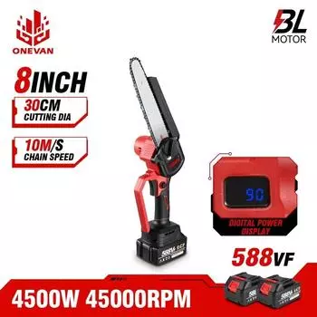 ONEVAN 8-дюймовая бесщеточная электрическая пила с масляным баллончиком, аккумуляторный инструмент для обрезки деревьев, цепная пила для работы по дереву, аккумулятор Makita 18 В 1 Battery Set