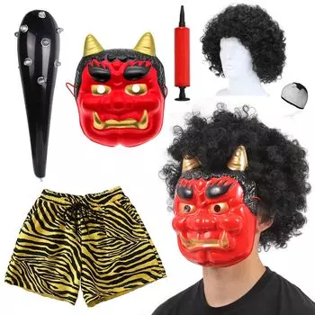 Они Косплей Маска Демона Сетсубун Метание Бобов Они Истребление Синий Они Клуб 5 Частей Маскарадный Костюм Наряд Унисекс [iinoo] [Красный Они, Они, Парик,