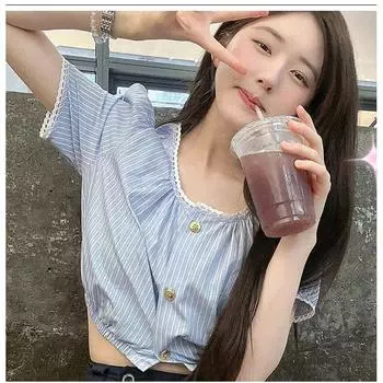 Oni Stripes High Waist A- line Wide Leg Women s Suit Short Sleeve Short Stripes Shirt S