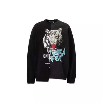 ONITSUKA TIGER Цветной блок с рисунком животных и буквенным принтом, свитер с круглым вырезом, длинный рукав, толстовка унисекс, черный серый 2183B054-001 L