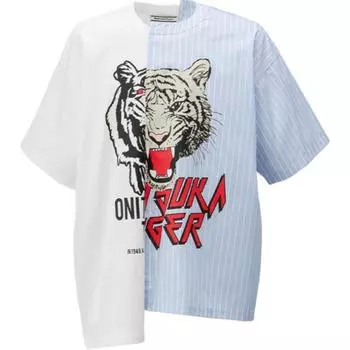 ONITSUKA TIGER Футболка унисекс с коротким рукавом и принтом в виде животных и букв, повседневная, с круглым вырезом, белая, синяя 2183B319-100 L