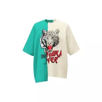 ONITSUKA TIGER Повседневная футболка с круглым вырезом и асимметричным дизайном, топы унисекс с цветными блоками и животным алфавитом, зеленый светло-бежевый 2183B177-301 XL