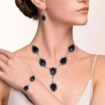 Оникс черный комплект ювелирных изделий стерлинговые серьги кулон покрытый драгоценный камень