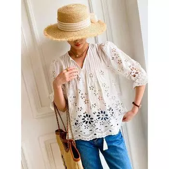 Only L In Stock Summer Full Cut Out Embroidered French White Shirt Export Fashion Niche Style Vacation Style Women s Top Rice White L