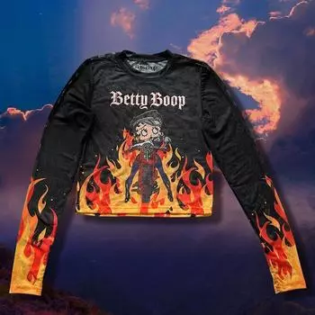Only One Batch of European American Asian Culture Flame Sexy Printed Mesh Millennium Sexy See-through Long Sleeve Slim-Fit Top T-shirt Sweet cool BB miss M