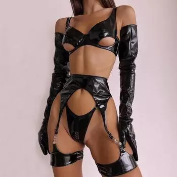 Onlyfans WomenPush Up Lingerie Sissy Cup Out Bra Leather PU Sensual Underwear Uncensored Latex With Garter S