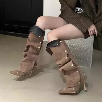 Onlymaker Women Pointed Toe Pleated Thin Heel Knee High Boots Back Zipper Fashion Buttons Stiletto Removable Boots 35