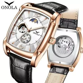 ONOLA Лучшие роскошные модные мужские часы светящиеся квадратные механические скелетон спортивные водонепроницаемые мужские автоматические часы мужские белый/ярко-розовый
