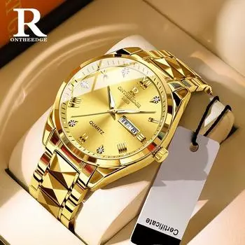 ONTHEEDGE Мужские деловые часы Кварцевые часы Светящиеся водонепроницаемые Золотые