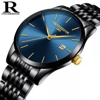 ONTHEEDGE Ультратонкий мужской ремешок из нержавеющей стали, кварцевые мужские водонепроницаемые часы с календарем
