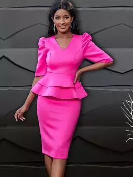 ONTINVA платья фуксии для женщин с v-образным вырезом, буфами и половиной рукавов, ампир с баской и оборками, миди, офисные вечерние наряды 3XL 4XL 4XL ярко-розовый