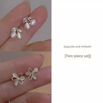 Opal Rabbit Crystal Cherry Sterling Silver Needle Earrings Small Exquisite Temperament Fashion Stud Earrings Women Sweet Ear Rings Clover + cherry [Silver Needle Two-piece set]]