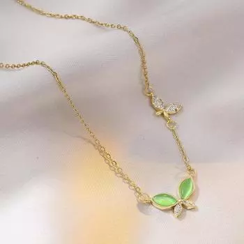 Опаловая бабочка, инкрустированная цирконием, кулон, ожерелье из нержавеющей стали, женское корейское ювелирное изделие на ключице зелёный