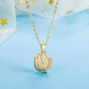 Опаловое колье-тюльпан Женское, дизайн в стиле легкой роскоши, подвеска-ключица