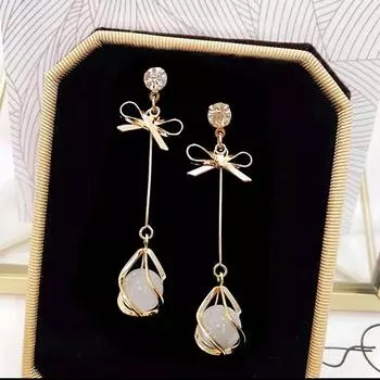 Опаловые подвески, женские висячие серьги, полые серьги с бантом и кристаллами, блестящие милые висячие серьги для женских ювелирных изделий