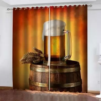 Opaque Bedroom Curtain 3D Beer Grape Wine 2 Panels Printed Curtains For Living Room Sun Privacy Protection Home Decor W70xH160cmx2&Grommet Top