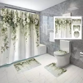 Open 4pcs Light Green Leaf Flower Bathroom Curtain Digital Print Polyester Shower Curtain No Punching Partition Bathroom Curtain 90x180cm curtain